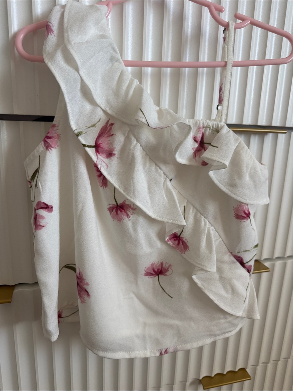 abercrombie kids White Ruffled One-Shoulder Floral Top with Pink Print